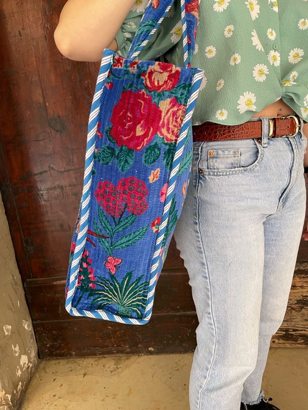 Tote Bag Indiane Velluto Fiori Base Nera