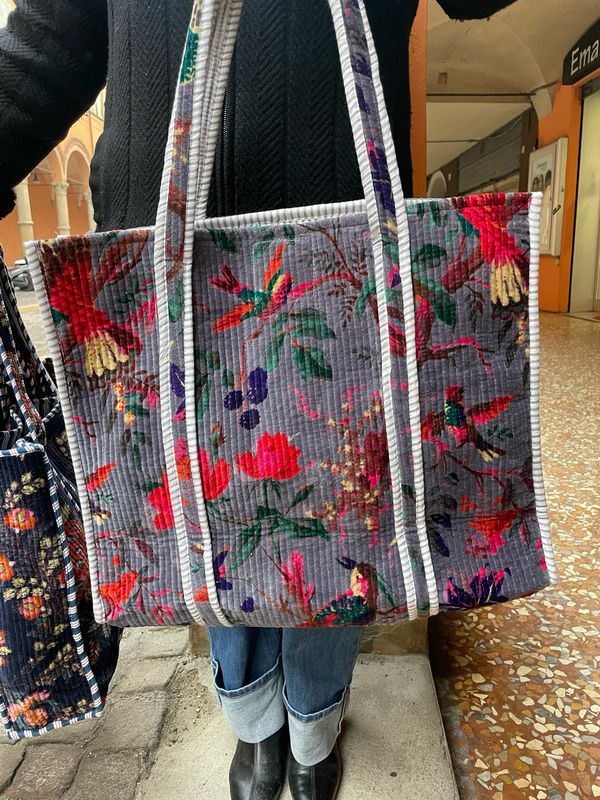 Tote Bag Indiane Velluto Fiori Base Avio