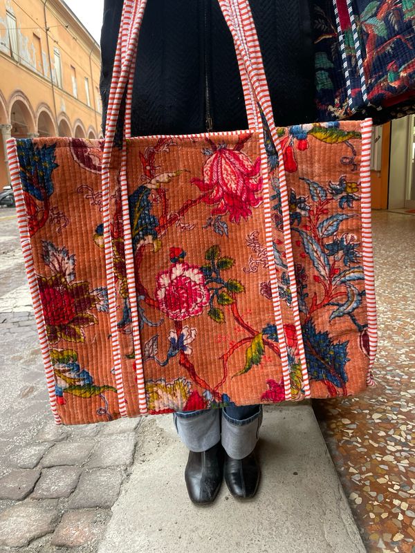 Tote Bag Indiane Velluto Fiori Base Pesca