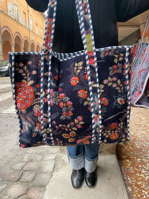 Tote Bag Indiane Velluto Fiori Base Blu