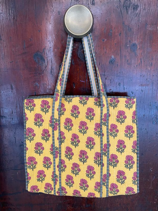 Tote Bag Indiane Cotone CON CERNIERA Fiori Rosa fondo Giallo