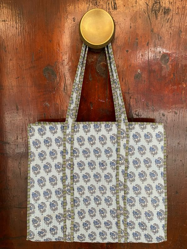 Tote Bag Indiane Cotone CON CERNIERA Fiori Avio fondo Celeste