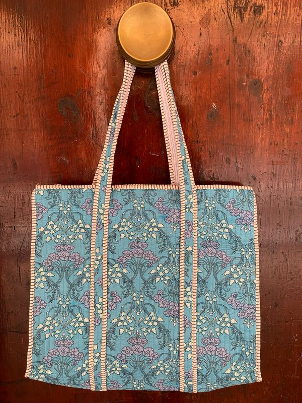 Tote Bag Indiane Cotone CON CERNIERA Fiori Lilla fondo Turchese