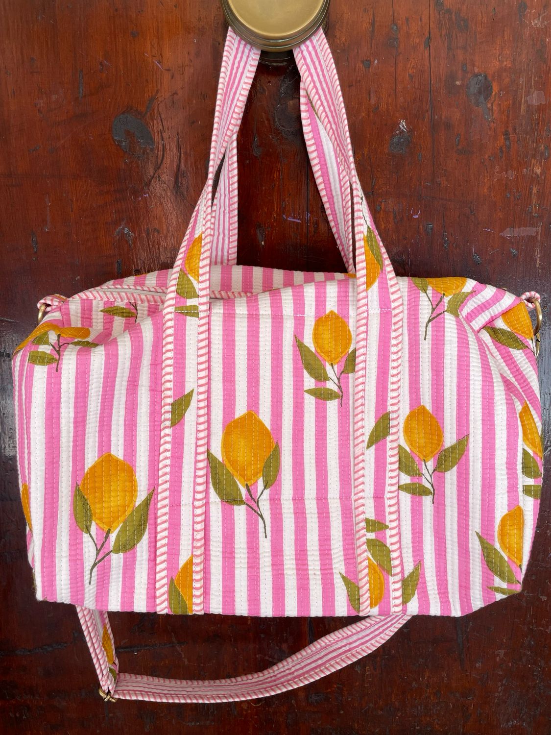 Duffle Bag Indiano Limoni fondo Righe Rosa/bianca