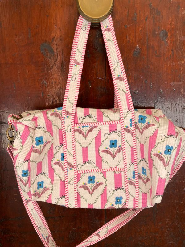Duffle Bag Indiano Fiori Turchesi fondo Righe Rosa/bianca