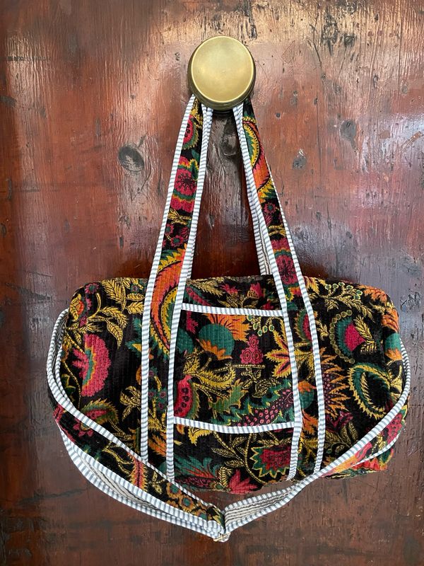 Duffle Bag Velluto Nera e Senape con Fiori