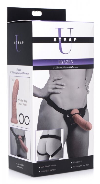 STRAP U BRAZEN 8" SILICONE DILDO WITH HARNESS