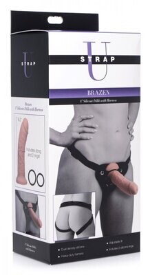 STRAP U BRAZEN 8" SILICONE DILDO WITH HARNESS