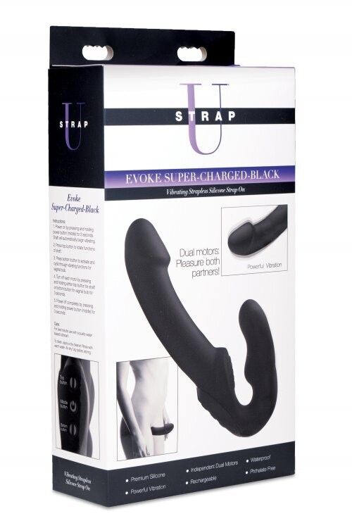 STRAP U EVOKE SUPER CHARGED BLACK VIBRATING STRAPLESS SILICONE DILDO