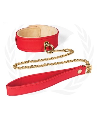 PLUSH LINED RED PU COLLAR AND CHAIN LEASH