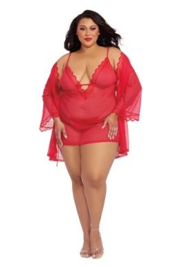 12239-3X ROBE, CHEMISE, AND GSTRING RED