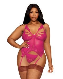 13283X FLORAL LACE BUSTIER & GSTRING SET BEET QS