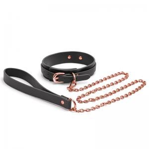 BONDAGE COUTURE COLLAR AND LEASH BLK WITH ROSE GOLD