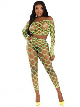 2 PC NET CROP TOP AND FOOTLESS TIGHTS OS GREEN