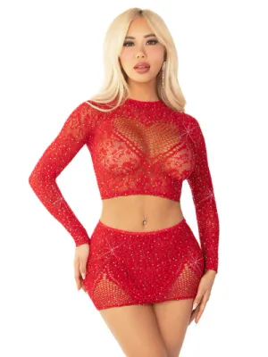 81668 RED 2PC RHINESTONE LACE AND NET CROP TOP AND SKIRT