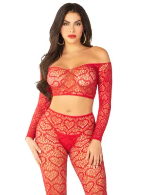 89337 RED 2PC CROP TOP AND FOOTLESS TIGHTS