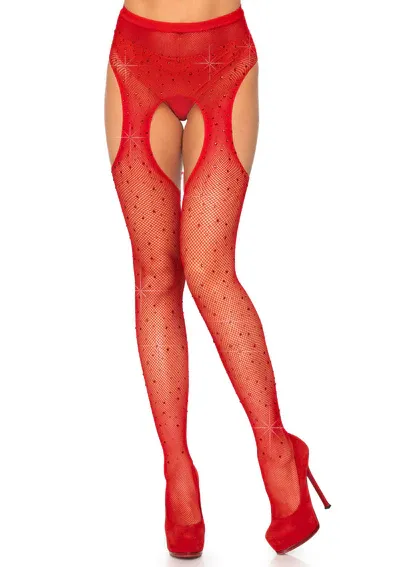 9108 CASEY RHINESTONE FISHNET SUSPENDER PANTYHOSE RED