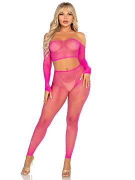 RHINESTONE FISHNET CROP TOP AND FOOTLESS TIGHTS PINK
