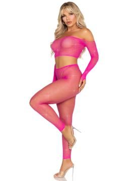 RHINESTONE FISHNET CROP TOP AND FOOTLESS TIGHTS PINK