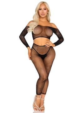 RHINESTONE FISHNET CROP TOP AND FOOTLESS TIGHTS BLACK