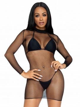 ULTRA NET LONG SLEEVE HIGH NECK MINI DRESS