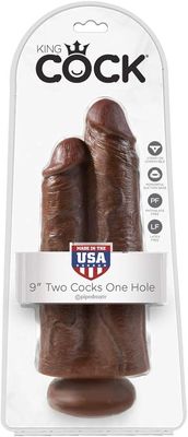 KING COCK 9" TWO COCKS ONE HOLE BROWN