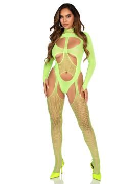 89321 2PC FISHNET SUSPENDER LINGERIE JUMPSUIT AND LAYERED OPAQUE TEDDY GREEN