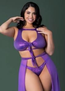 GLIMMER CROP TOP, SKIRT, TANGA METALLIC PURPLE 2X