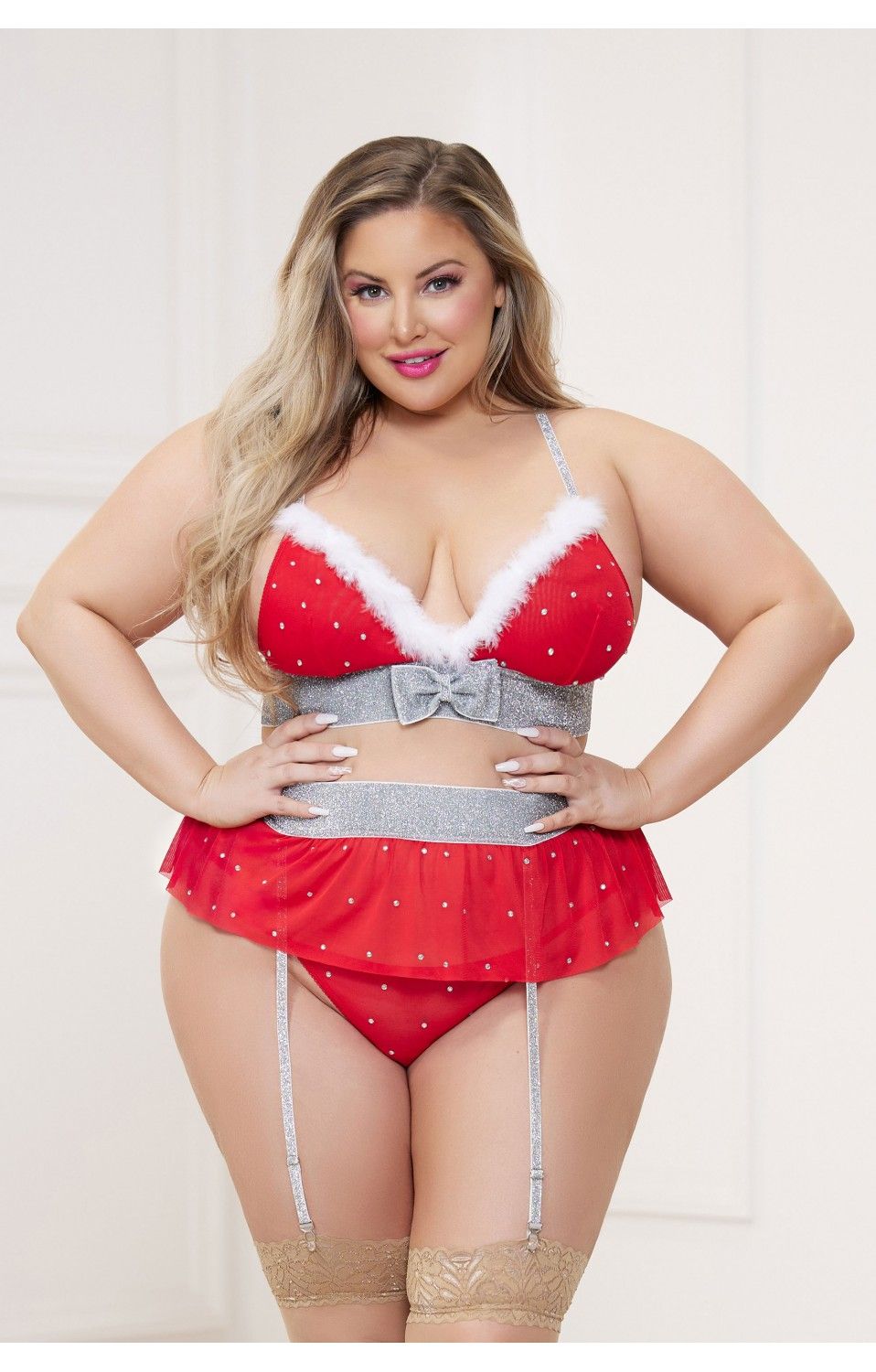 THREE PIECE RHINESTONE STUDDED BRA WITH MARABOU TRIM, GARTER BELT WITH REMOVABLE STRAPS AND MESH THONG SET QUEEN SIZE