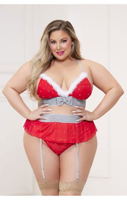 THREE PIECE RHINESTONE STUDDED BRA WITH MARABOU TRIM, GARTER BELT WITH REMOVABLE STRAPS AND MESH THONG SET QUEEN SIZE