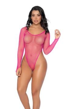 ESSENTIAL FISHNET LONG SLEEVE BODYSUIT OS NEON PINK