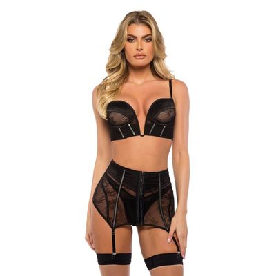 BELLE NOIR CHANTILLY LACE AND SATIN GARTER SKIRT 3PC SET L