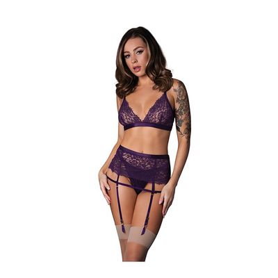 LEATHER AND LACE STRETCH BRALETTE WITH GARTER AND THONG PLUM L/XL