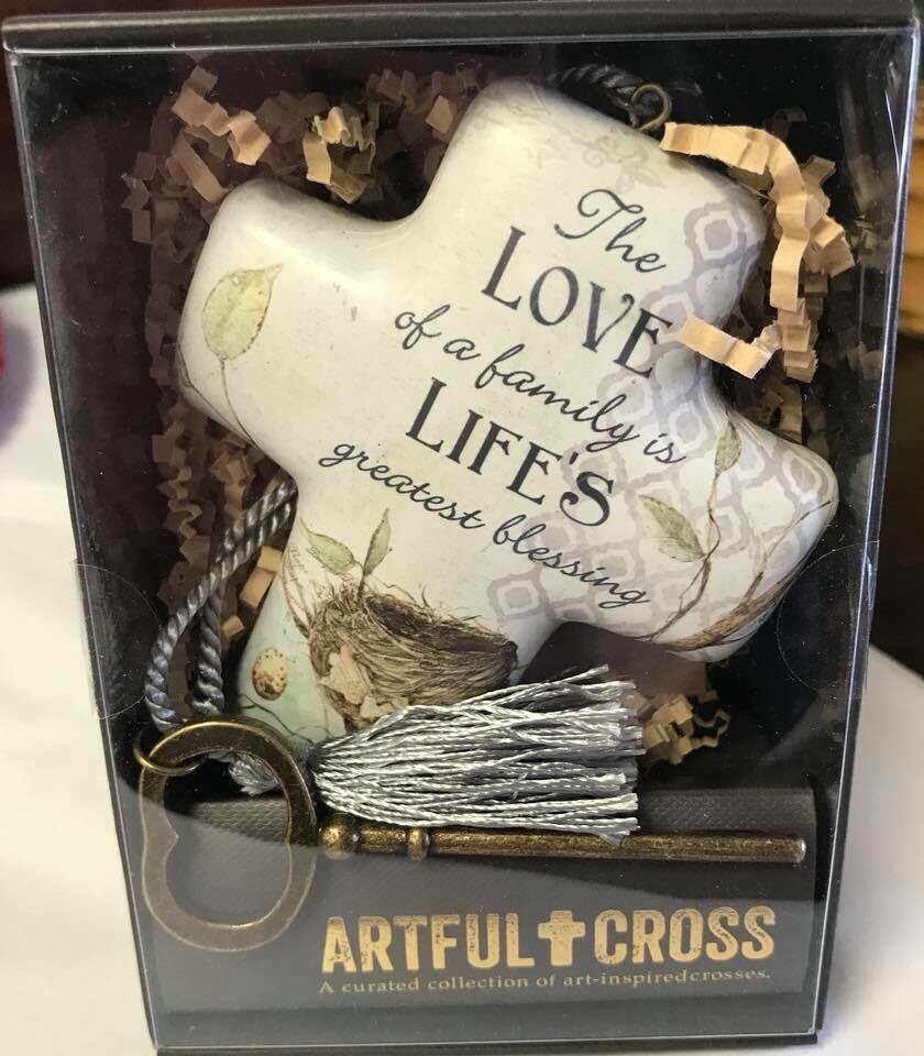 Home decor/cross/The love of a family saying/artful cross decor/ with skeleton key easel for displaying