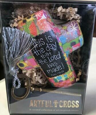 Home decor/cross/This is the day saying/ artful cross decor with skeleton key for displaying