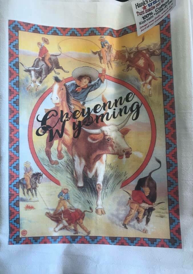 Tea Towel/Cheyenne Wyoming/cowboy on bull