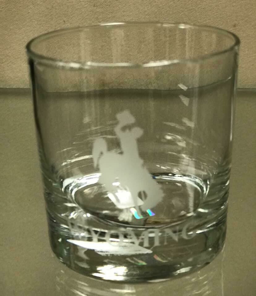 Drinkware/glass/etched Steamboat/Wyoming whiskey glass