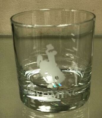 Drinkware/glass/etched Steamboat/Wyoming whiskey glass