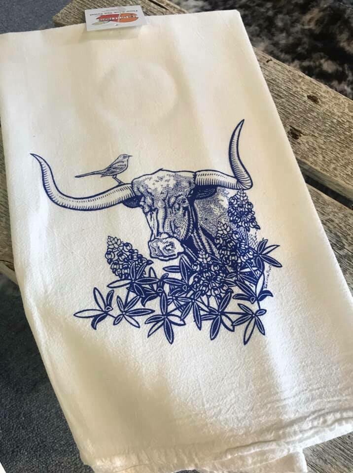 tea towel/Texas Longhorn w/bird/twofruits