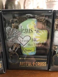 Home decor/cross/Jesus Loves Me/Artful Cross with skeleton key easel for displaying