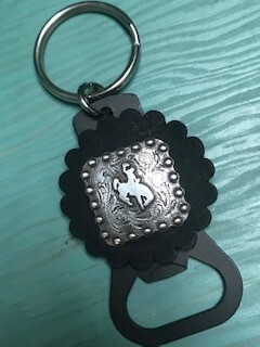 Keychain with Wyoming steamboat concho on black leather