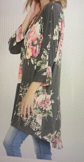 Apparel/floral on dark grey/soft light weight cardigan.Small-Large