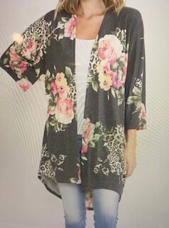 Apparel/floral on dark grey/soft light weight cardigan.Small-Large