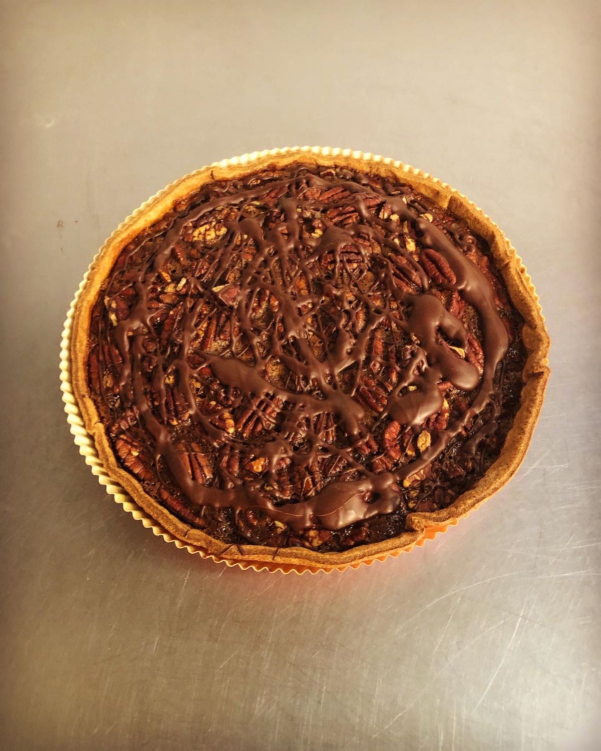 Pecan Bourbon Pie with 64% Guittard Chocolate inside and out (8in)