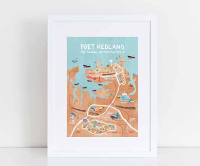 Port Hedland Illustrated Art Map Light A3
