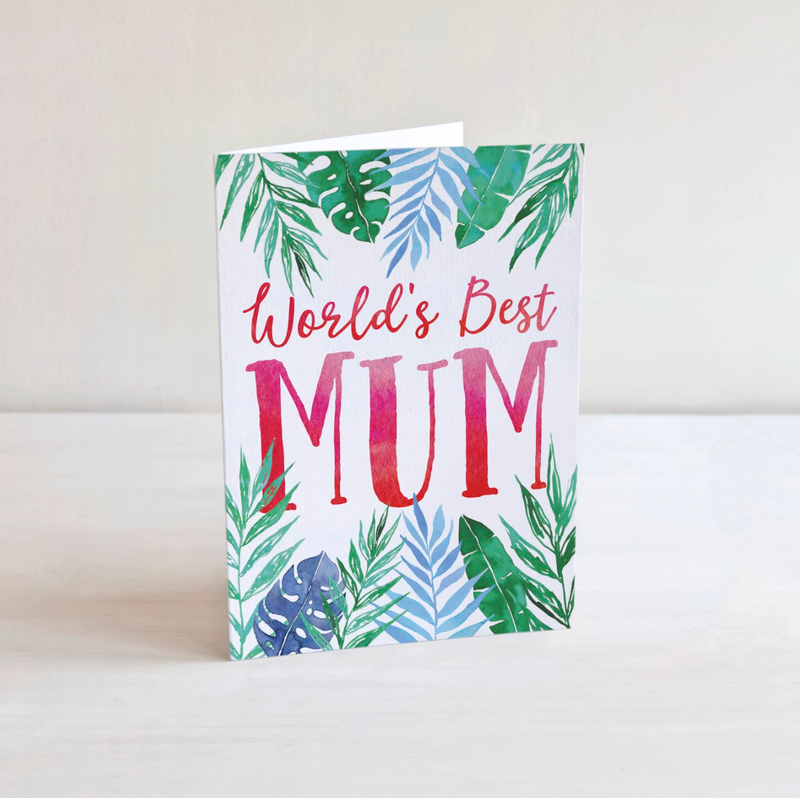 World's Best Mum, Green Blue Palms - A6 Greeting Card
