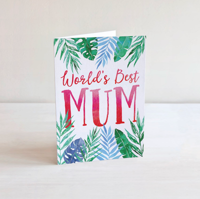 World's Best Mum, Green Blue Palms - A6 Greeting Card