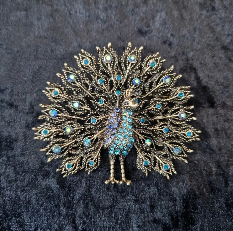 Large Peacock Brooch Blue