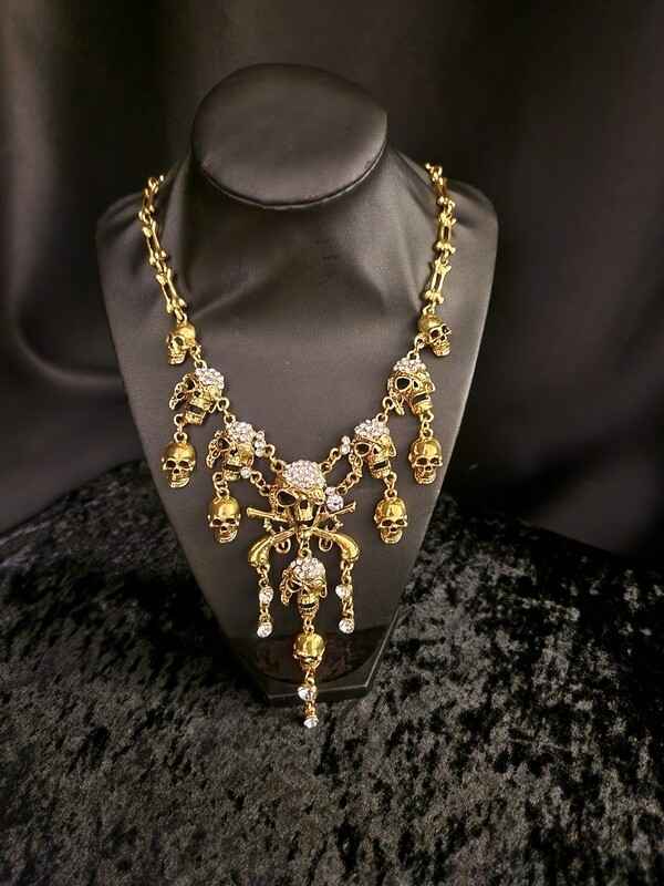 Skull Tassel Necklace Gold Tone 
