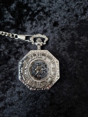 Octagonal Silver Tone Retro Skeleton wind Up Pocket Watch with Roman Numeral Top